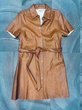 Women’s Short Sleeve Brown Faux Leather Belted Shirt Dress Gold Snap Buttons S